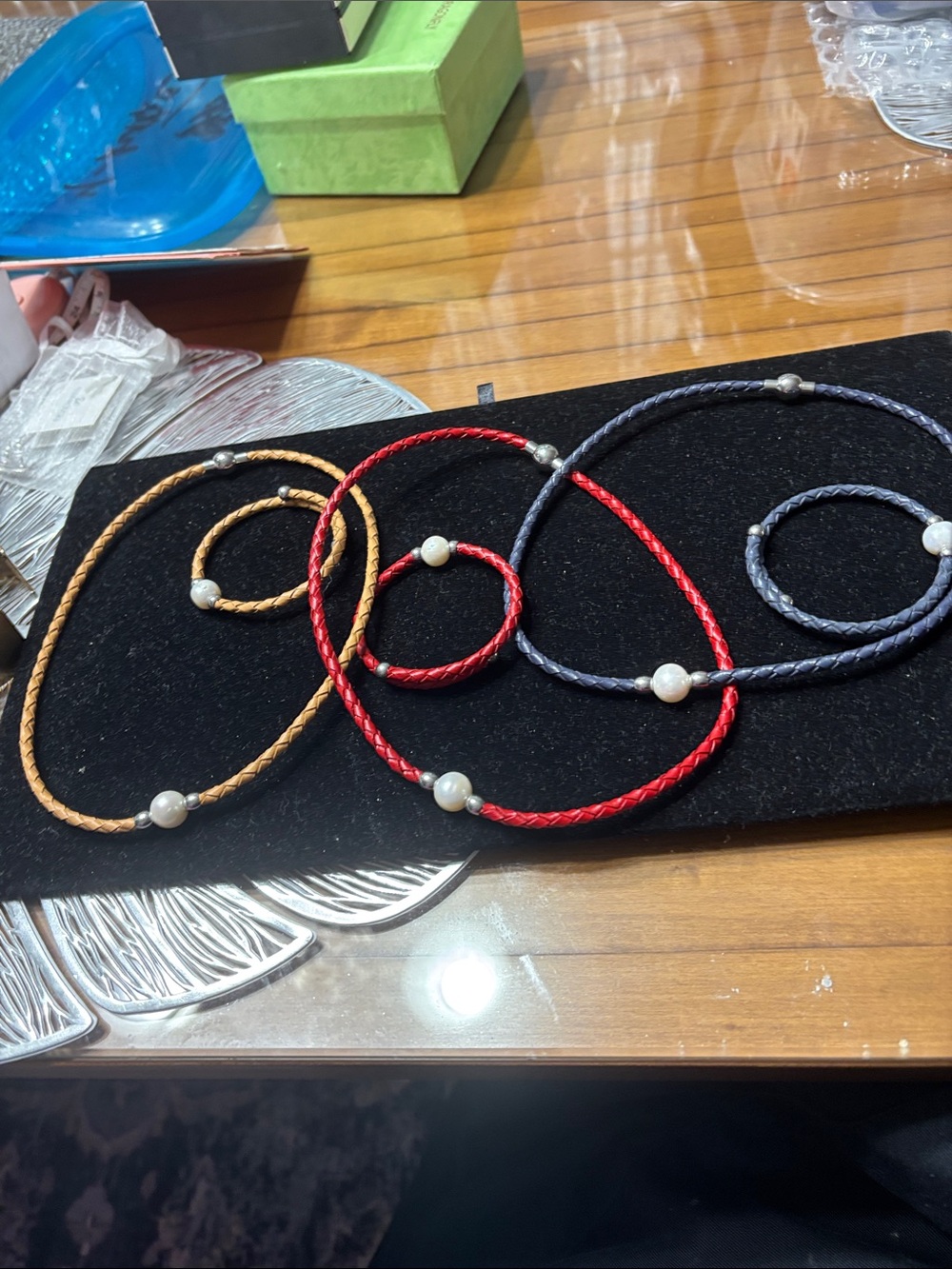 Braided Cord Necklace with Pearl Accent - Red, Gold, Gray - Unbranded